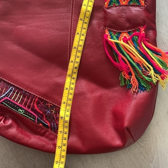 Leather bohemian red crochet red crossbody bag festive unique multicolored - Picture 8 of 16